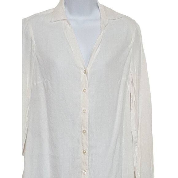 Coldwater Creek Linen Blouse Womens S Long Roll Tab Sleeve V Neck White Button - Picture 2 of 8